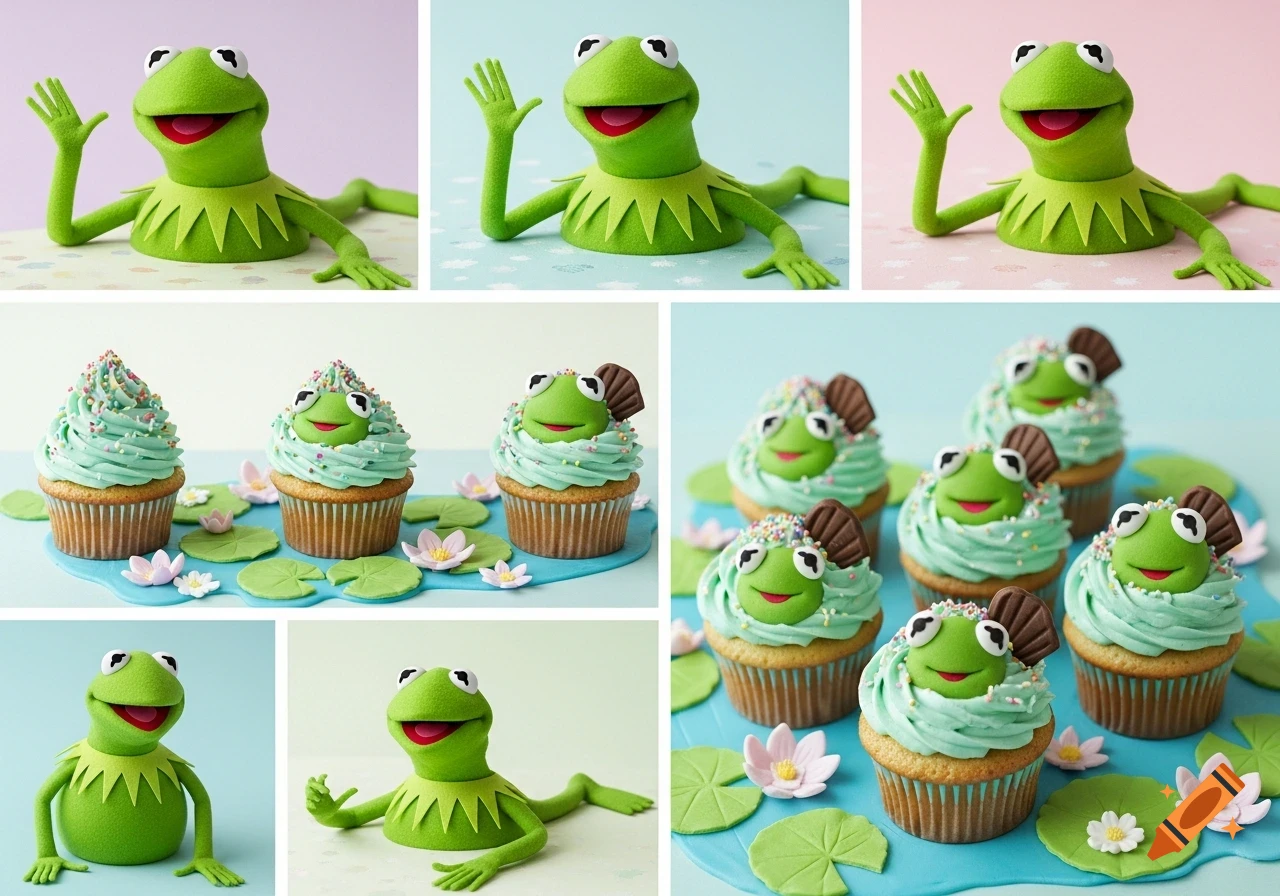 A collage of Kermit the Frog images, including Kermit puppets and cupcakes decorated to resemble Kermit.