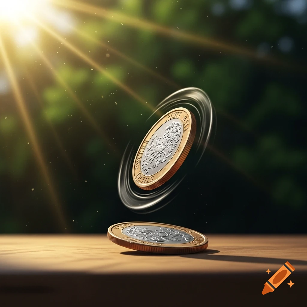 A gold and silver coin is flipping in the air above another coin resting on a wooden surface, with sunlight beaming through trees in the background.