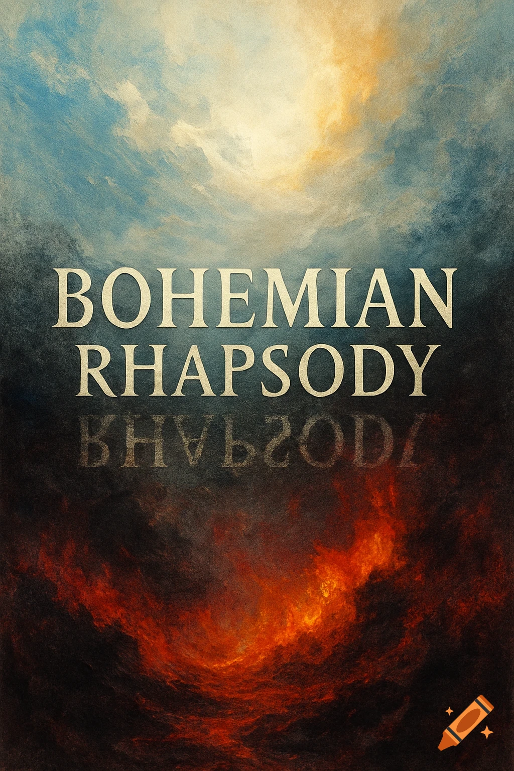 Text 'BOHEMIAN RHAPSODY' floats above a celestial sky, reflecting distortedly over a fiery abyss, in a dramatic, painterly style.