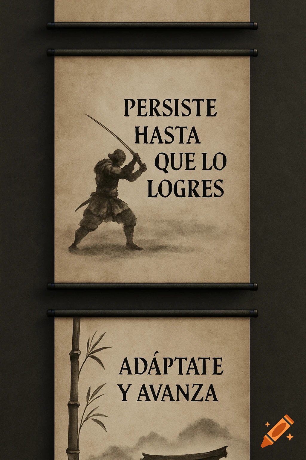 Two sepia-toned Japanese scrolls hanging vertically. The top scroll features a samurai warrior with a sword and the text 'PERSISTE HASTA QUE LO LOGRES'. The bottom scroll shows bamboo and the text 'ADÁPTATE Y AVANZA'.