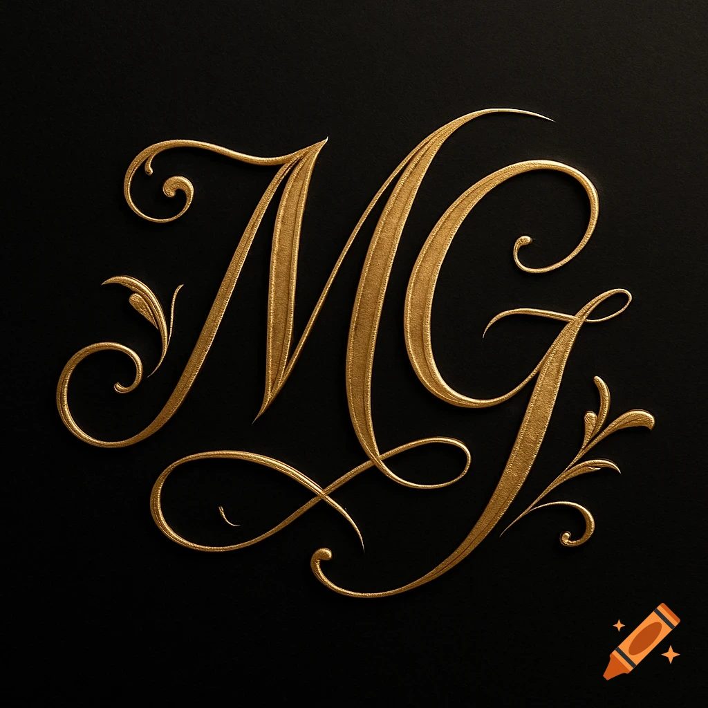 Ornate gold calligraphic letters 'MG' intertwined on a black background with an embossed texture.