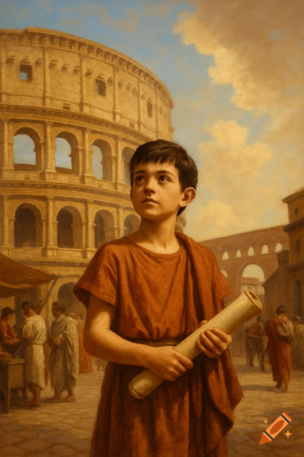 A young Roman boy in a tunic holds a scroll, looking up towards the sky, with the Colosseum and other Roman buildings in the background, painted in a classical style.