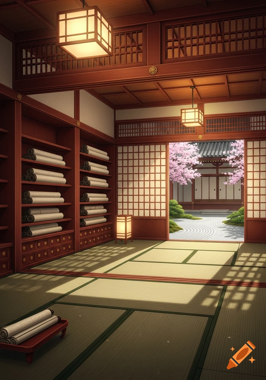 A traditional Japanese room with tatami mats, wooden shelves of scrolls, and an open shoji door revealing a rock garden and cherry blossoms outside.