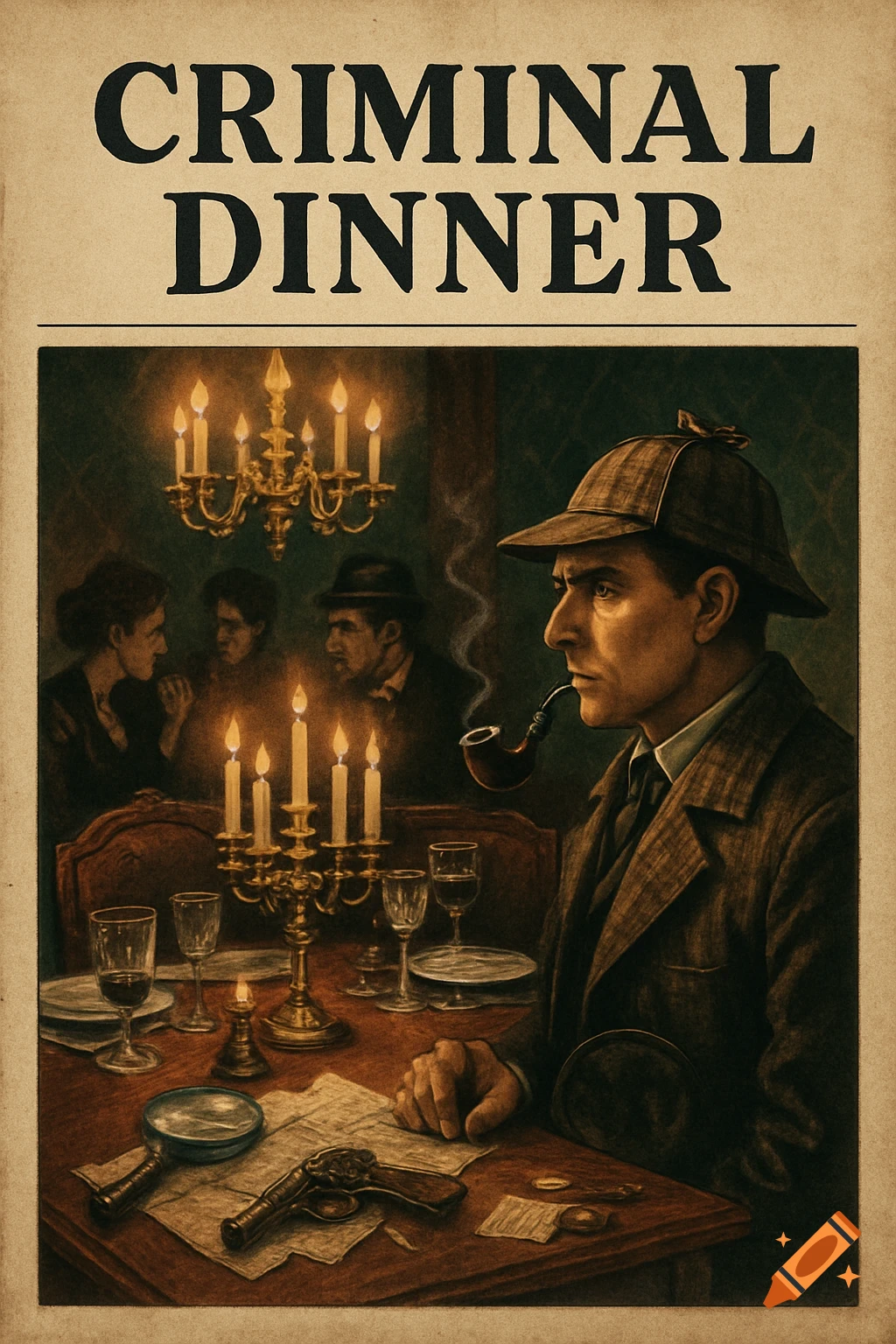Vintage illustration of a detective with a pipe at a candlelit dinner, a gun and magnifying glass on the table, titled 'CRIMINAL DINNER'.