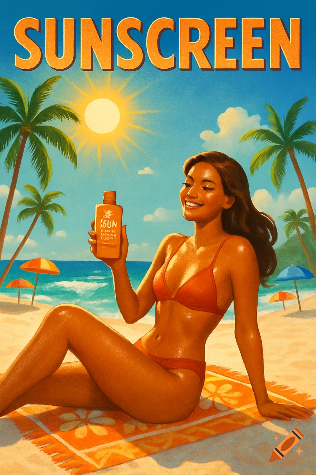 A woman in a red bikini sits on a beach towel, holding a sunscreen bottle, under a bright sun in a vintage poster style.