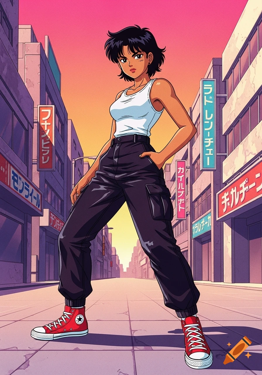 A tan anime girl with short dark hair in a white tank top, black cargo pants, and red Converse sneakers stands on a city street.