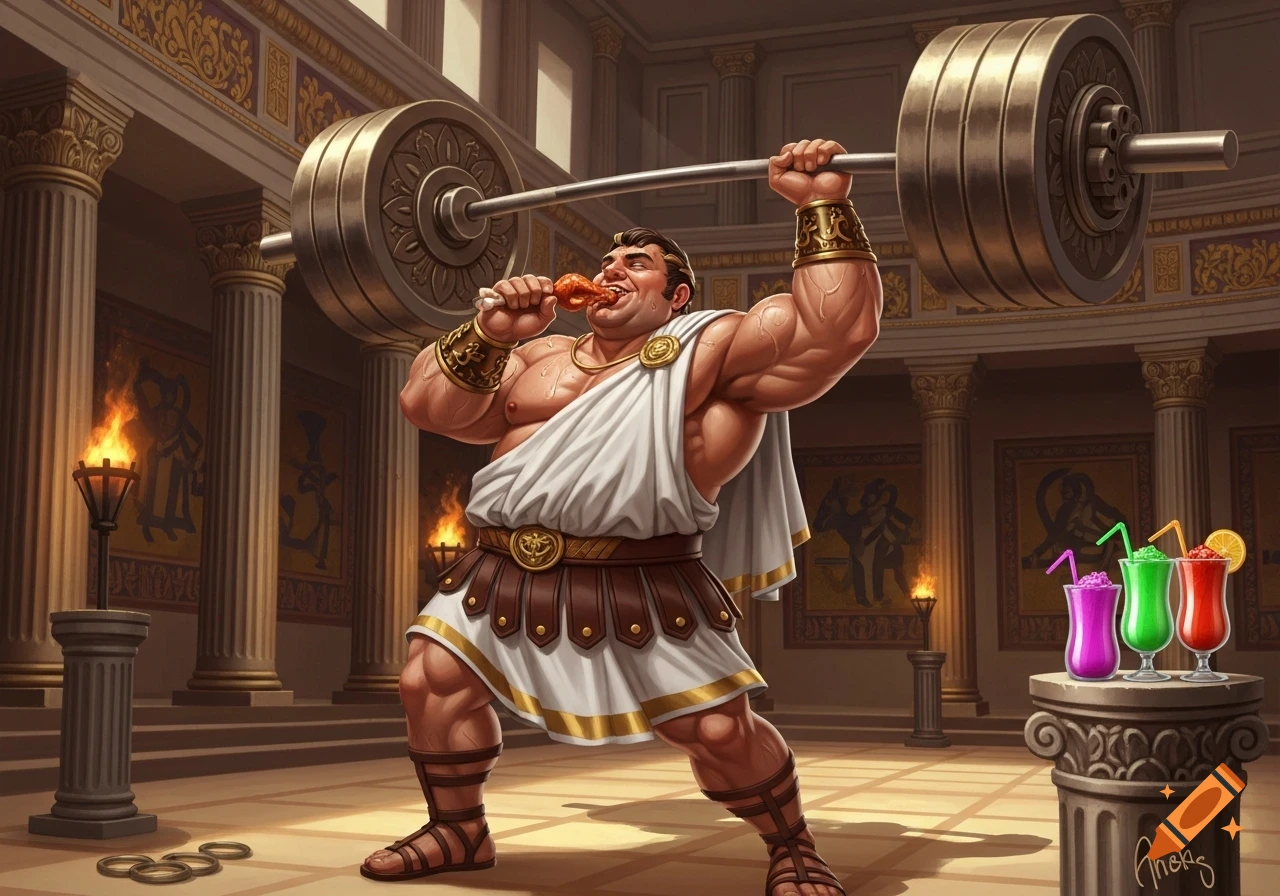 Muscular Roman man in a toga lifts weights and eats chicken in a grand gym, with colorful drinks on a pedestal.
