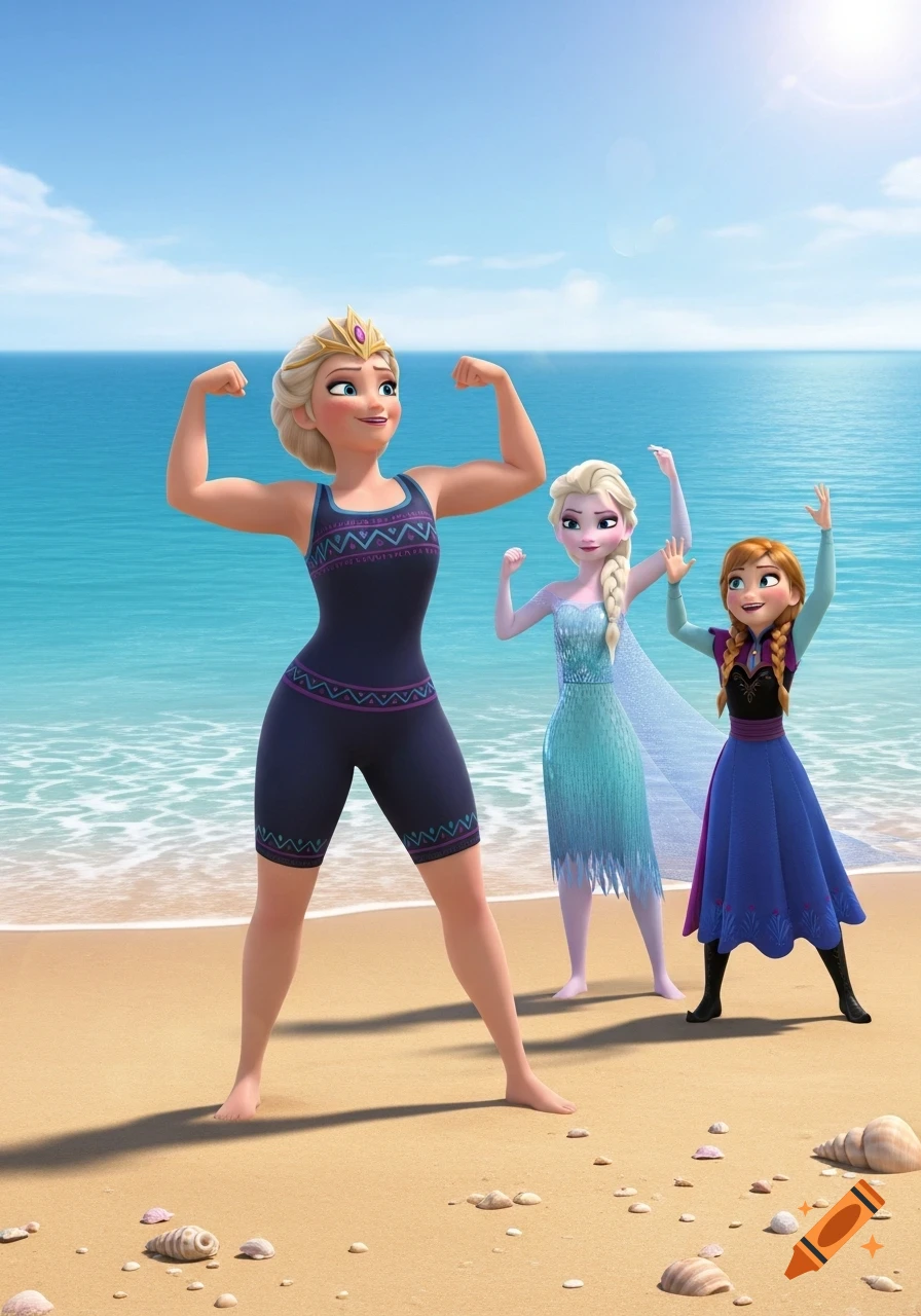 Elsa's mom in a swimsuit flexing on a beach with Elsa and Anna in 3D cartoon style.