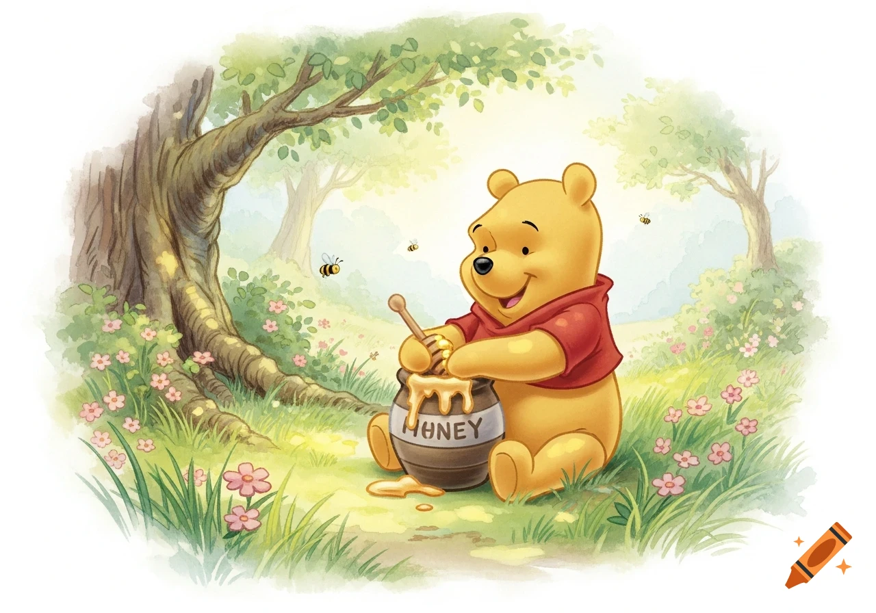 Winnie the Pooh in a red shirt sits happily in a forest, eating honey from a pot labeled "HONEY", in a watercolor illustration style.