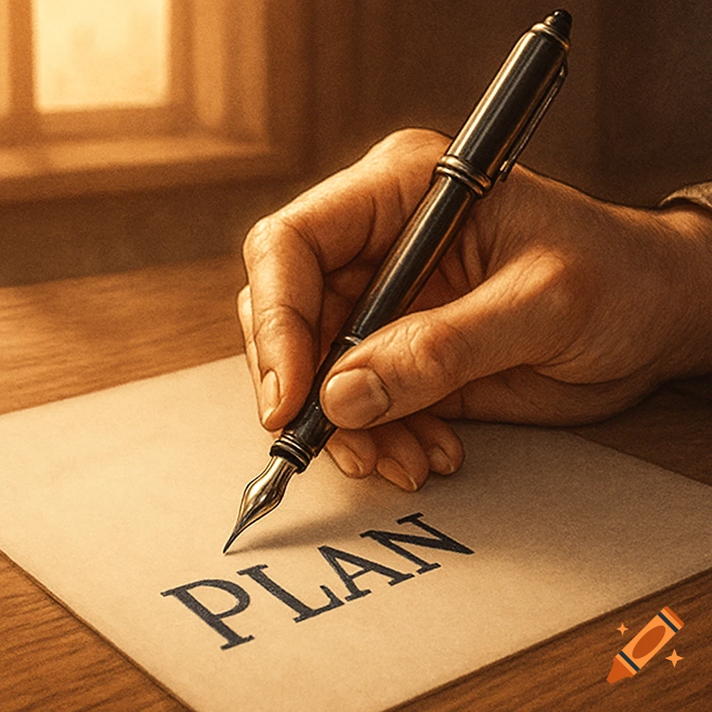 A hand holds a fountain pen, writing the word 'PLAN' on a piece of paper on a wooden desk.
