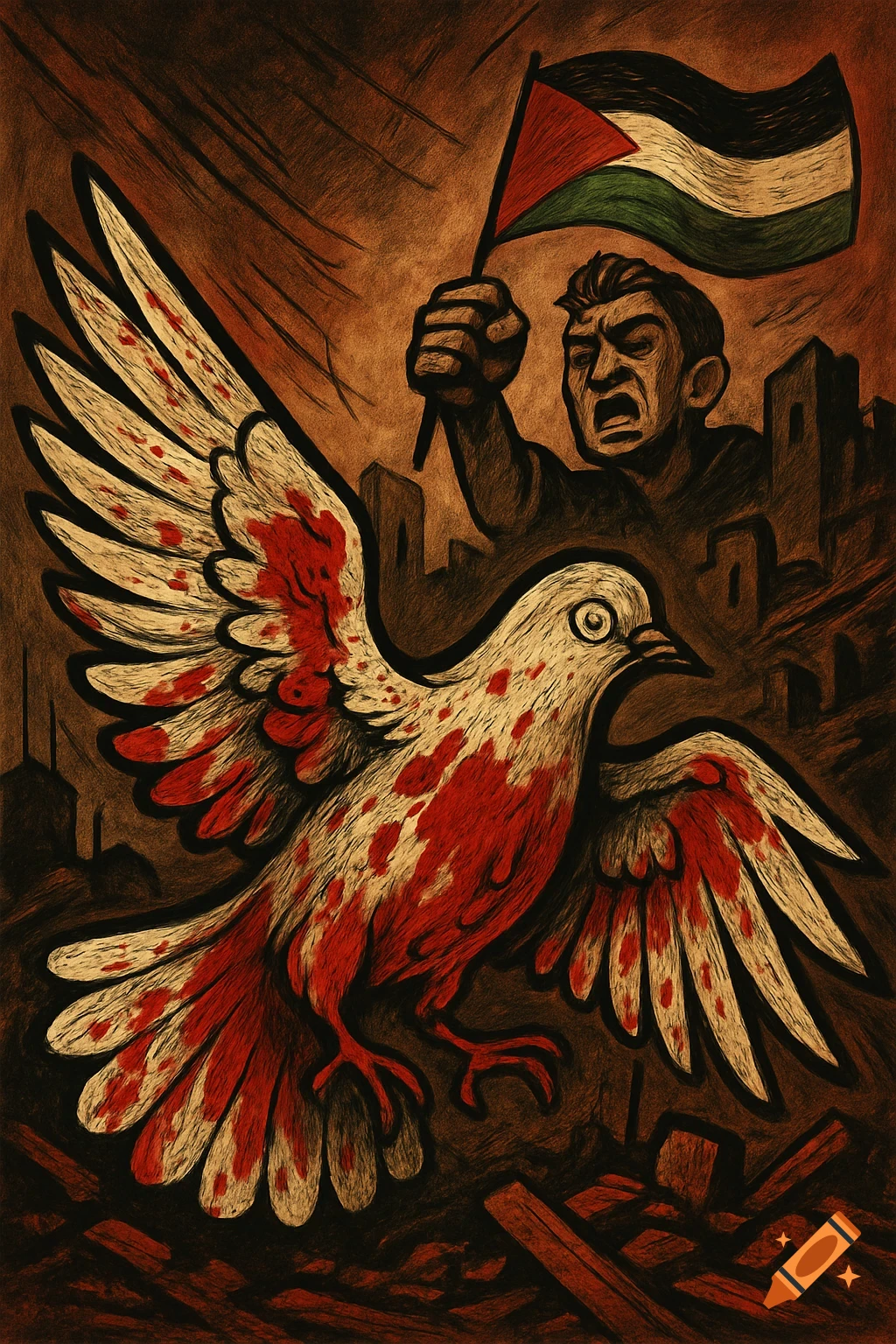 A stylized illustration depicts a blood-splattered white dove flying past an angry man holding a Palestinian flag over destroyed buildings.