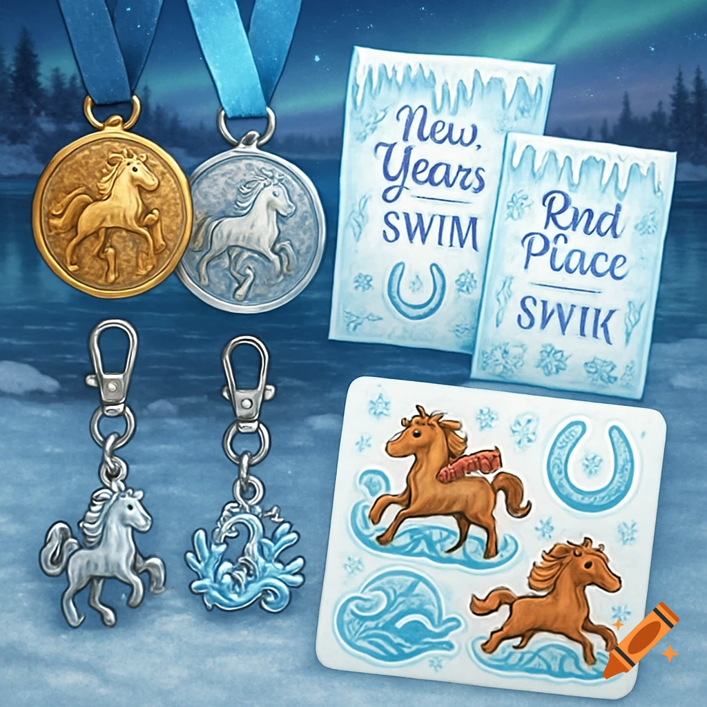 A stylized illustration of gold and silver medals, keychains, result cards, and a sticker sheet, all featuring horses and an icy, winter theme.