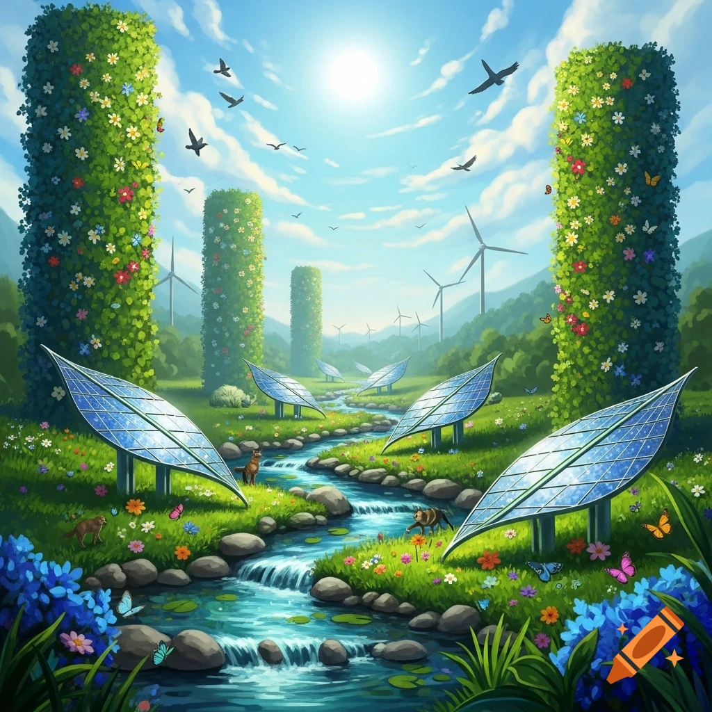 Vibrant landscape with a winding river, leaf-shaped solar panels, and wildflowers. Wind turbines and flowered pillars are in the background under a bright sky.