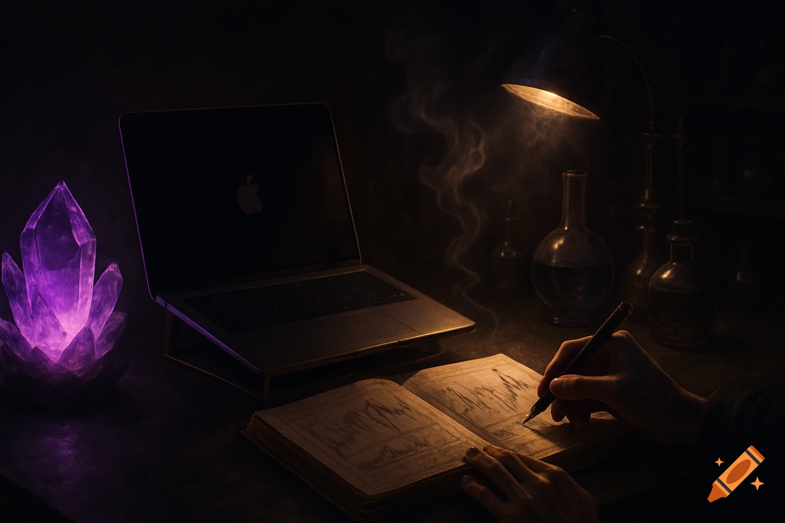 A moody, dimly lit workspace with an amethyst crystal, an open Macbook, and a person writing in a vintage journal under a glowing lamp.