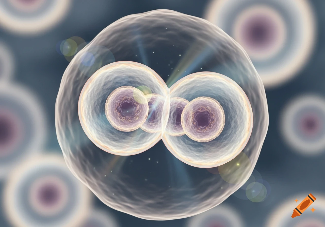 Two translucent, glowing cells with internal nuclei appear to be dividing or fusing, against a blurry cellular background.