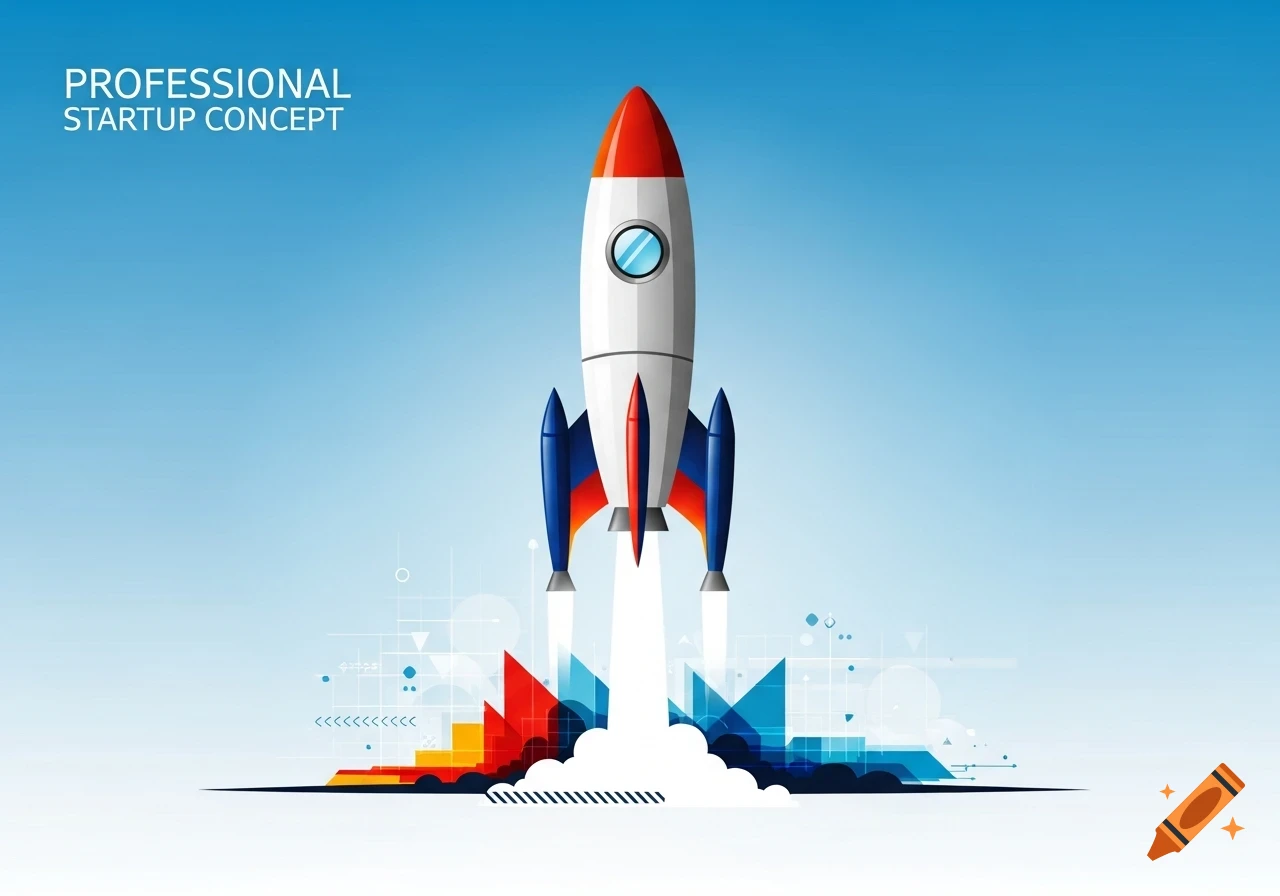 A colorful vector illustration of a rocket launching upwards, with 'PROFESSIONAL STARTUP CONCEPT' text.