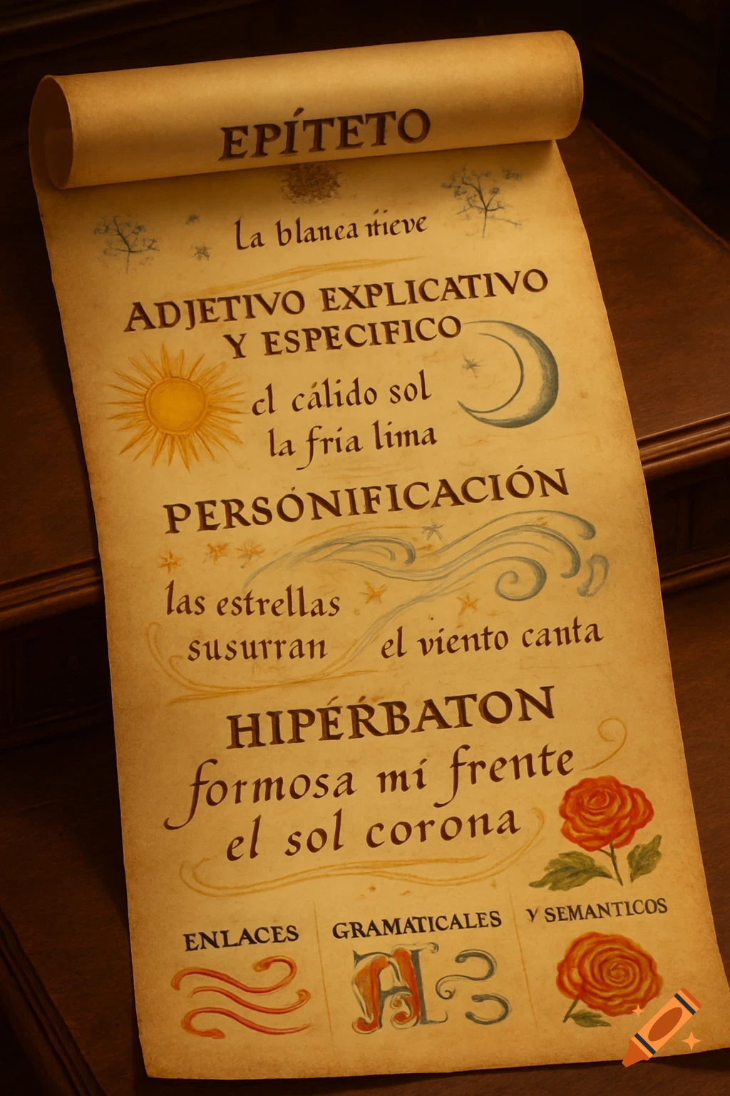 An antique-looking scroll outlines literary figures of speech like epithet, personification, and hyperbaton in Spanish, with whimsical illustrations of the sun, moon, stars, waves, and roses.