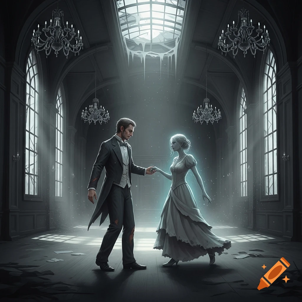 A man in a suit slow dances with an ethereal, glowing ghost woman in a dilapidated grand hall illuminated by faint light.