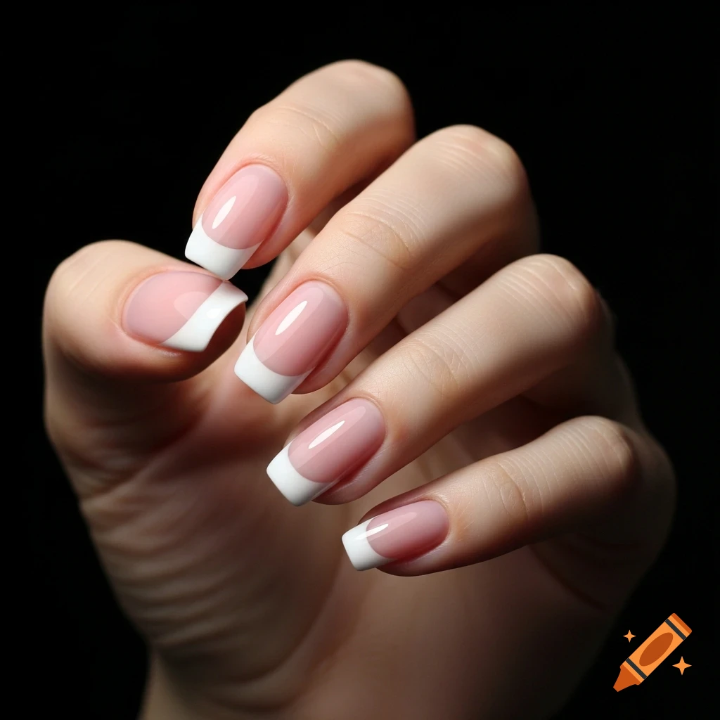 Photorealistic close-up of a woman's hand with a perfect french manicure against a solid black background.