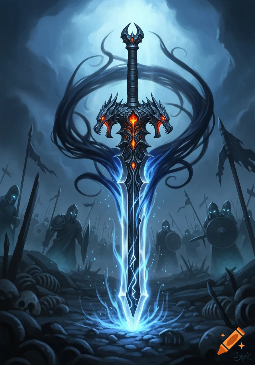 An ornate dark fantasy sword, glowing blue, with dragon heads on its hilt, stands on a battlefield with bones and ghostly warriors.