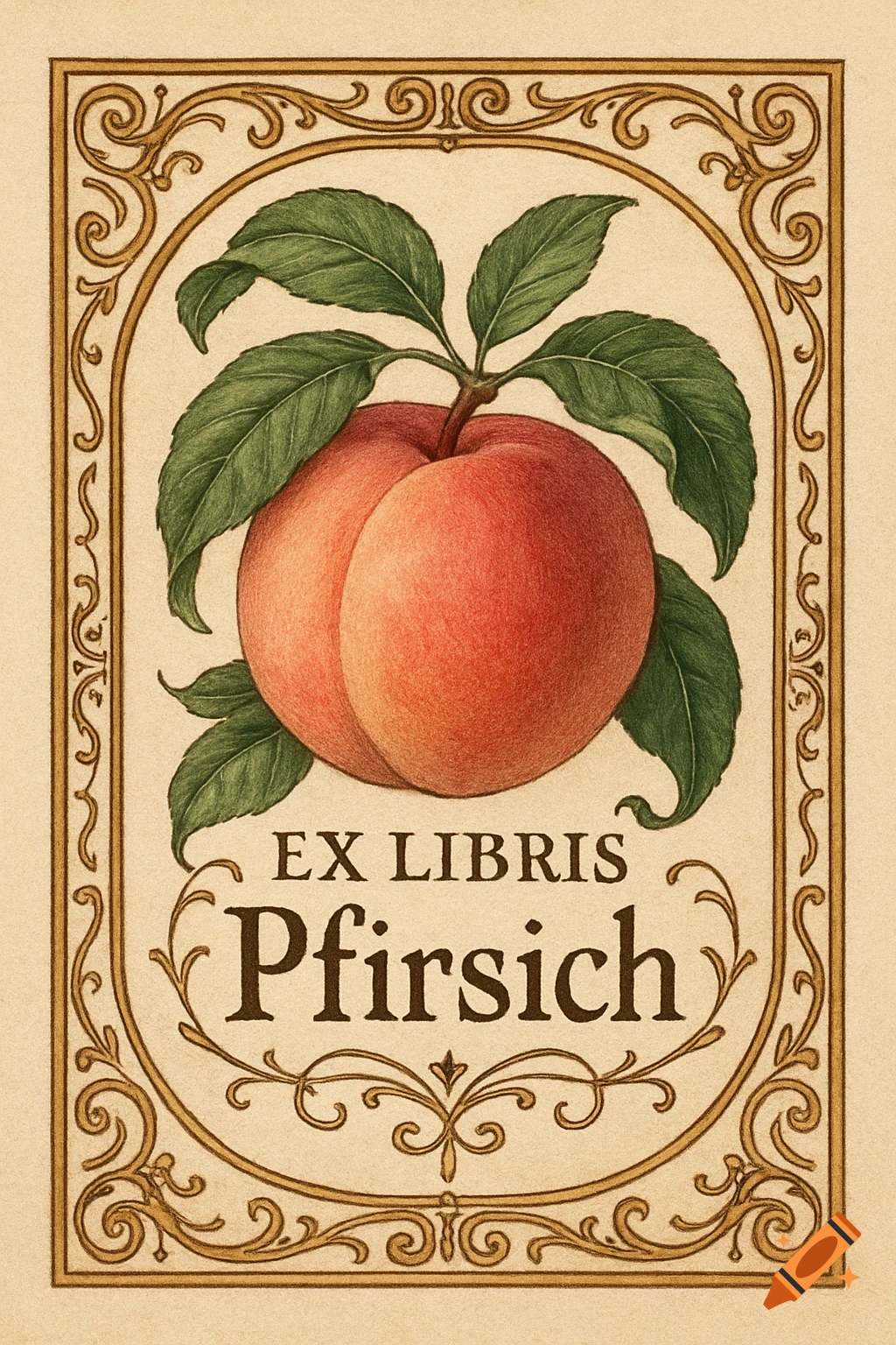 A vintage botanical illustration of a peach with green leaves, framed by an ornate border, with 'Ex Libris Pfirsich' text.