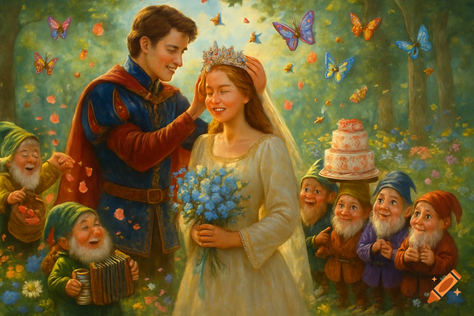 A prince places a crown on a smiling princess's head, surrounded by seven joyful dwarfs, butterflies, and rose petals in a lush, sunny forest clearing, painted in a classical style.