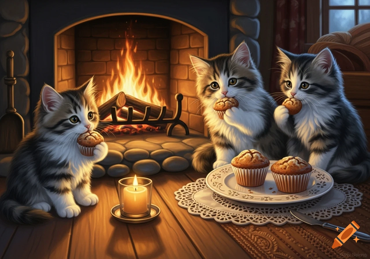 Three fluffy tabby kittens sit by a warm fireplace, eating muffins in a cozy, candlelit scene.