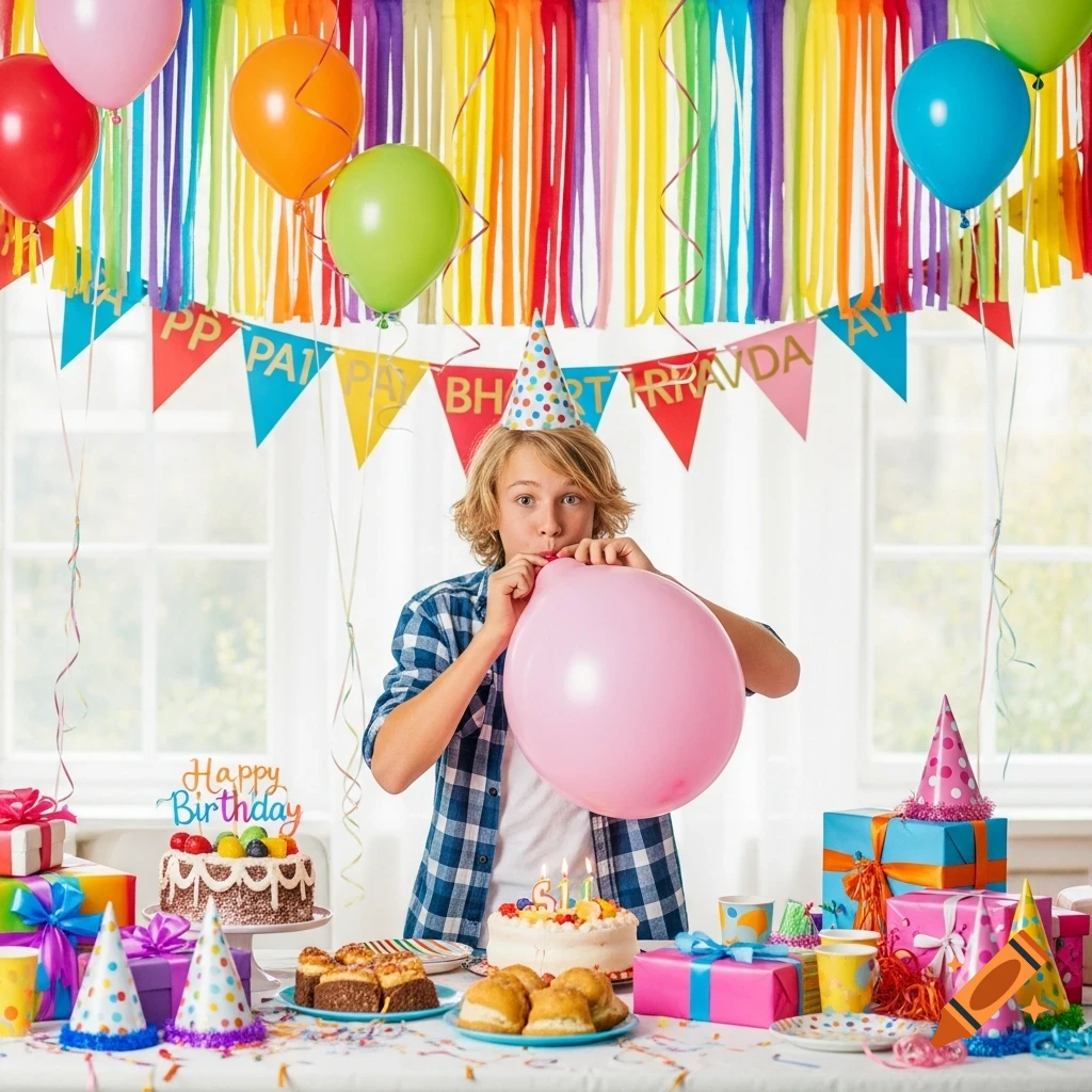 A blond boy with a party hat blows up a large pink balloon at a colorful birthday party. Cakes, gifts, and decorations fill the table.