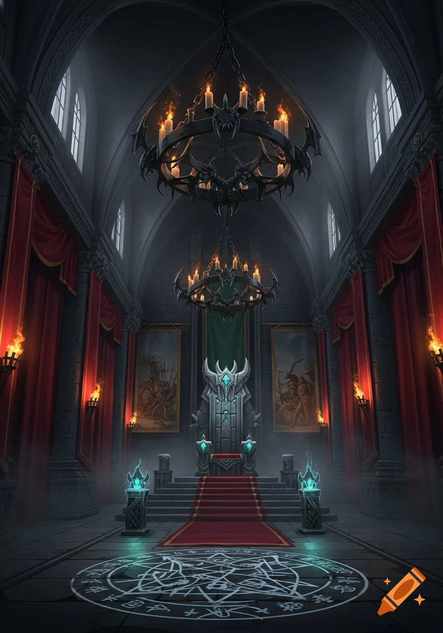 A dark, ornate gothic throne room with a central, spiky throne, two large chandeliers, red drapes, and a magical symbol on the floor.