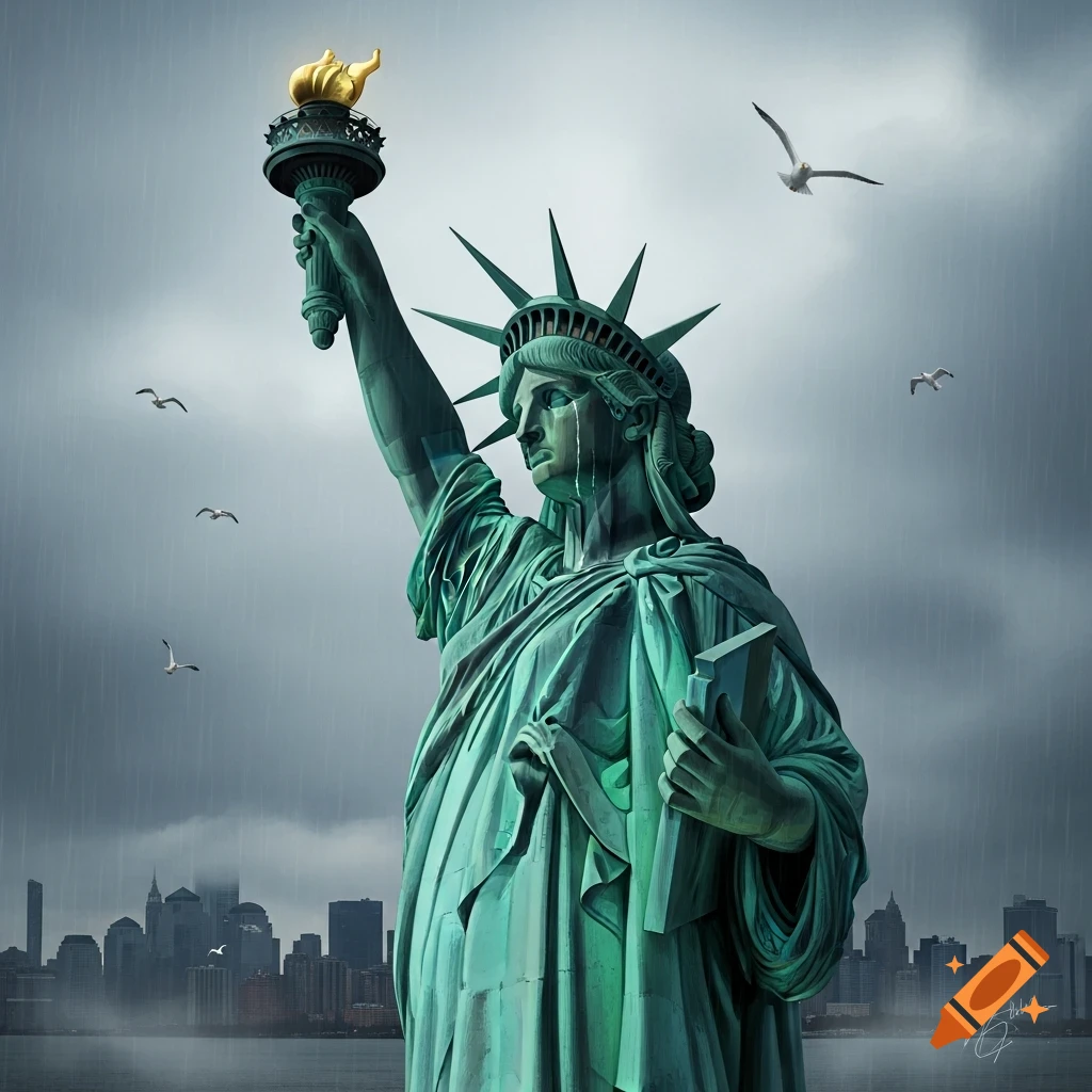 The Statue of Liberty with tears streaming down its face on a rainy, cloudy day, with a city skyline in the background.