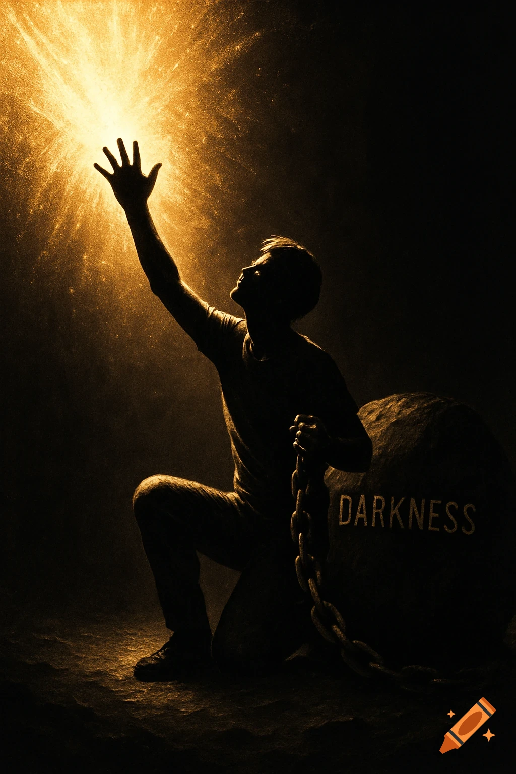 Silhouetted person reaching for radiant light, chained to a boulder labeled 'Darkness', in a chiaroscuro digital illustration.