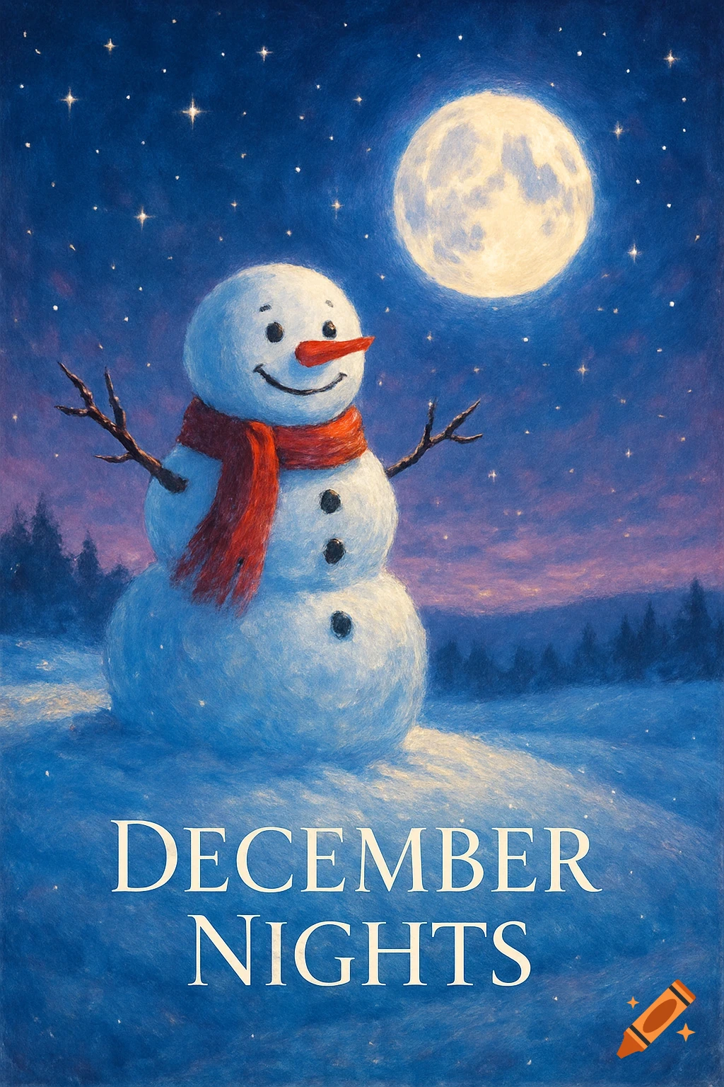 A cheerful snowman with a red scarf stands on a snowy hill under a full moon and starry twilight sky, with "DECEMBER NIGHTS" below.