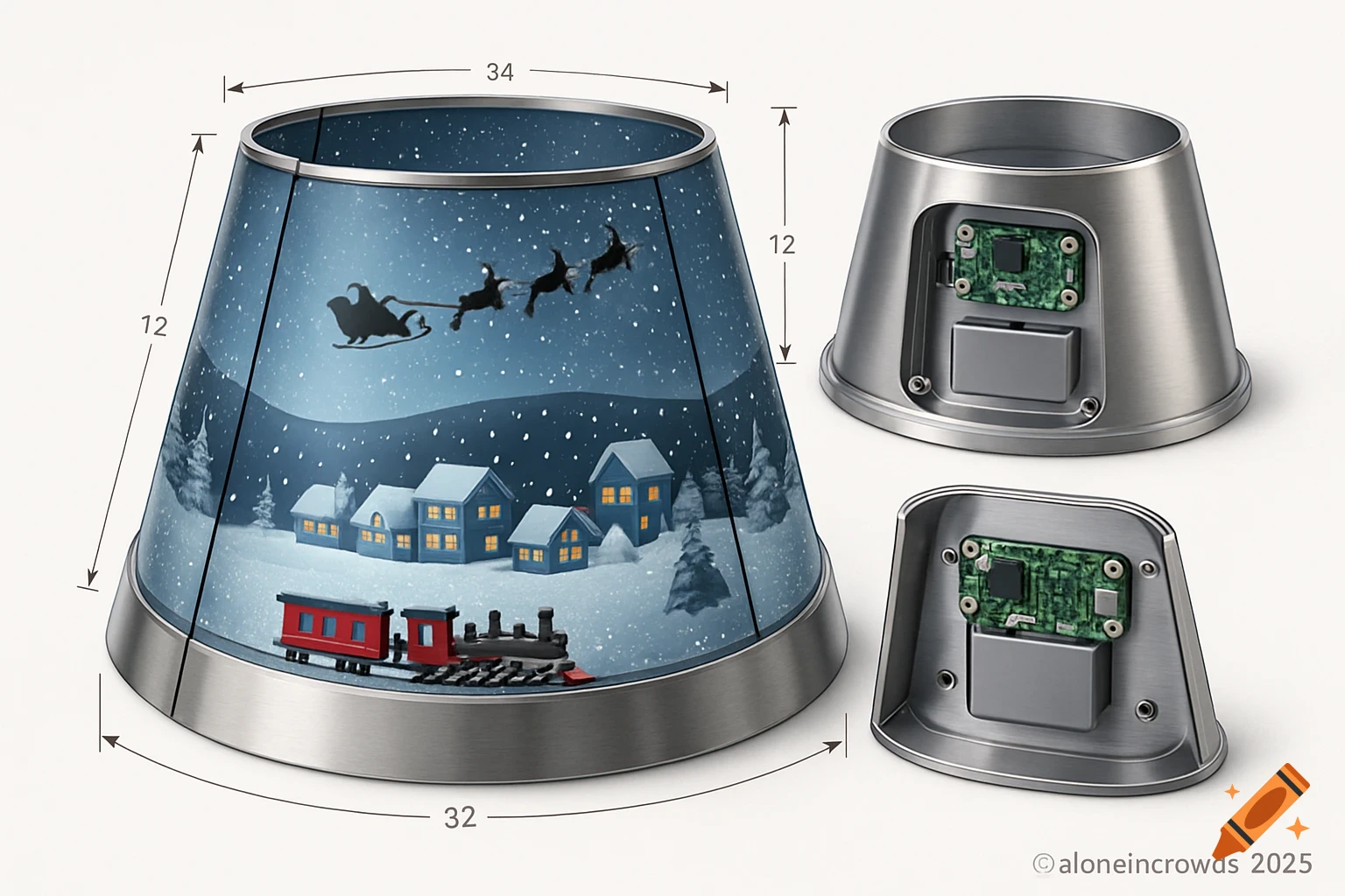 CAD exploded view of a metal Christmas tree collar with a festive winter scene inside, showing Santa, a snowy town, a train, and internal electronics.