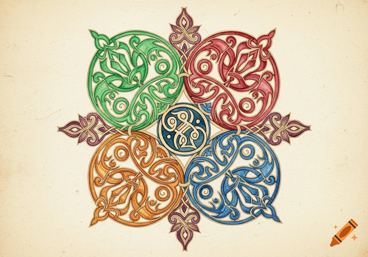 Watercolor medieval-style decorative pattern with interlocking green, red, orange, and blue elements around a central blue circle.