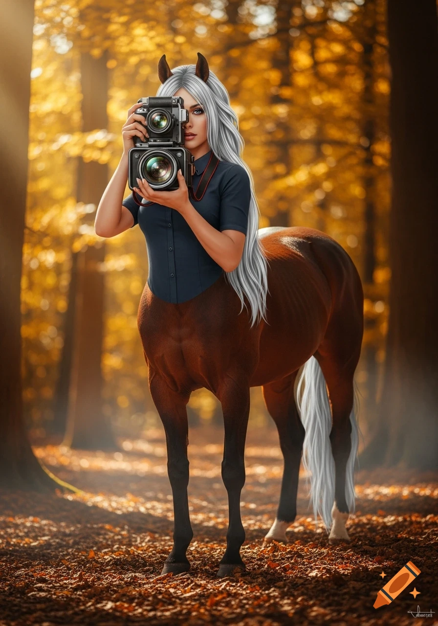 A photorealistic centaur with long white hair holding two cameras in an ...