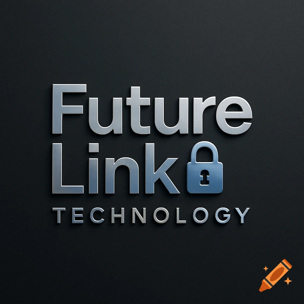 Metallic 3D logo for Future Link Technology, with a blue padlock replacing the dot on the 'i' in 'Link' on a dark gray background.