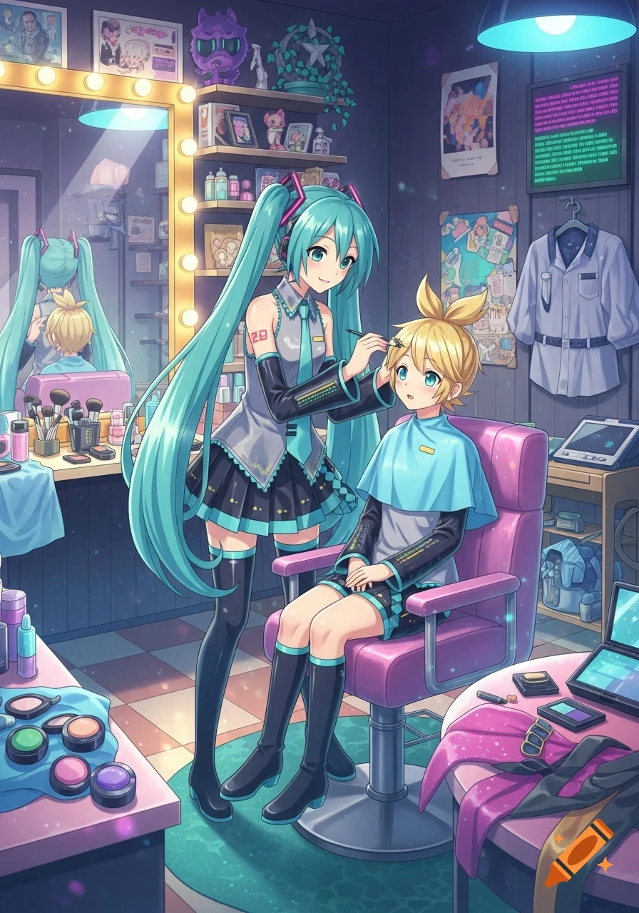Hatsune Miku, with long teal pigtails, applies makeup to Kagamine Len, a blonde character, who sits in a pink chair in a brightly lit dressing room filled with cosmetics and costumes.