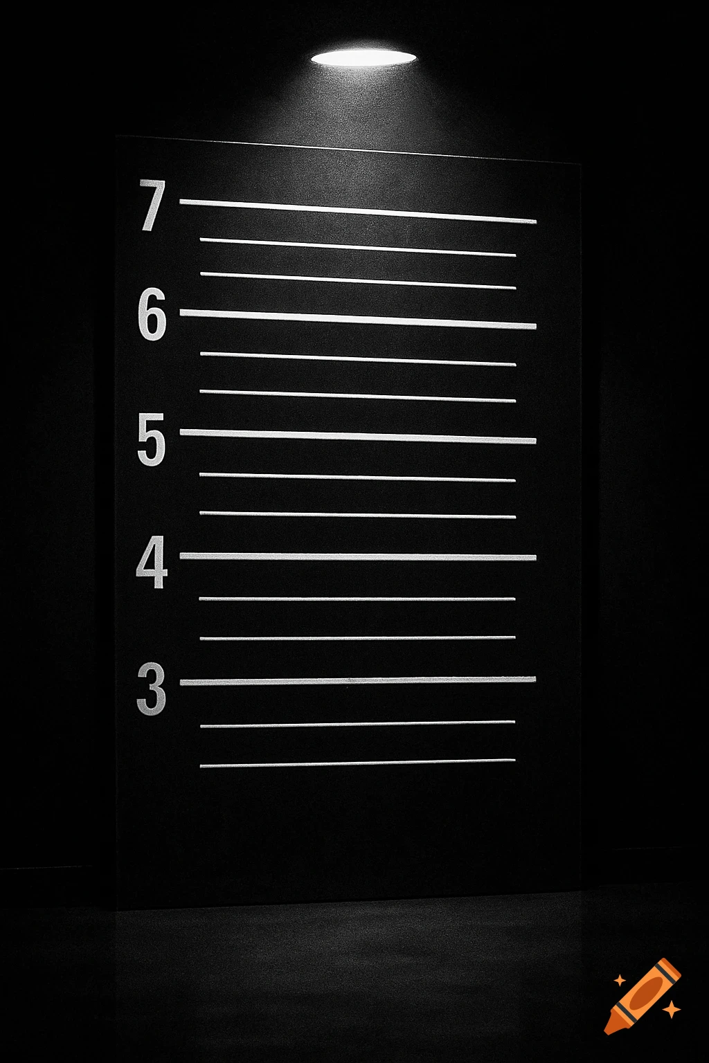 Black and white image of a police height chart under a spotlight, with numbers 3 through 7 visible.
