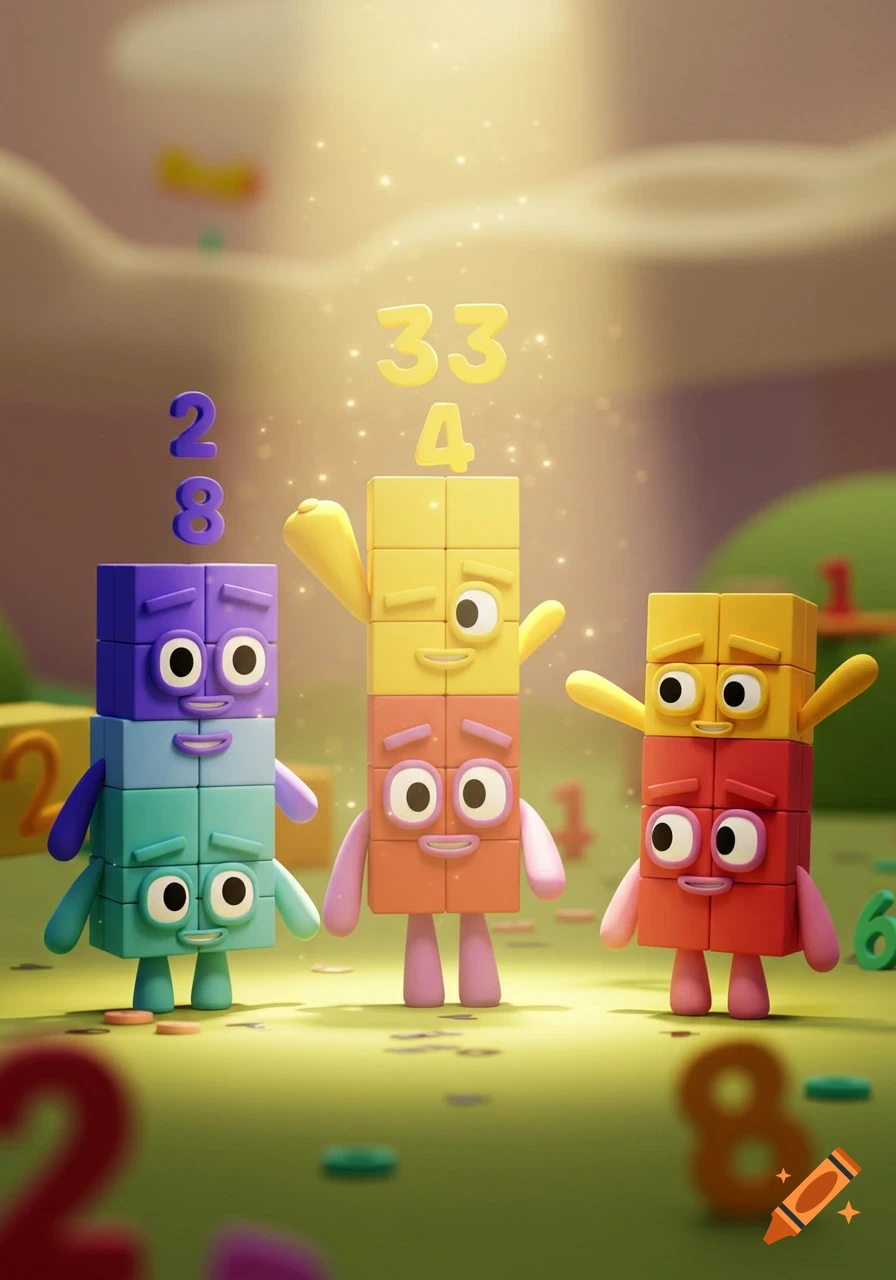Three colorful, blocky Numberblock characters stand in a grassy field surrounded by numbers and magical glitter.
