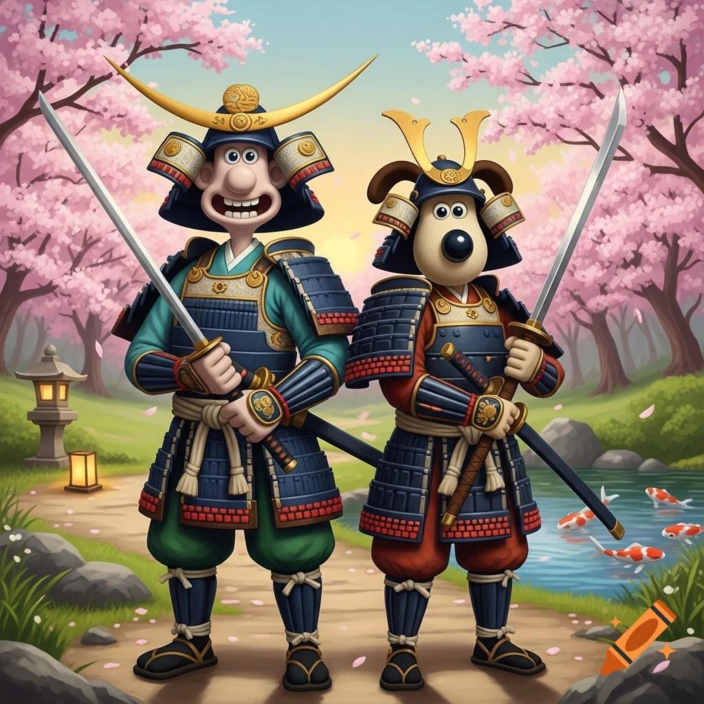 Wallace and Gromit, dressed as samurai warriors, stand in a beautiful Japanese garden with pink cherry blossoms and a pond with koi fish.