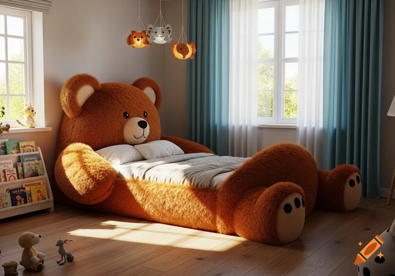 A child's bedroom features a large, fluffy brown teddy bear shaped bed, with a bookshelf and toys on the wooden floor.