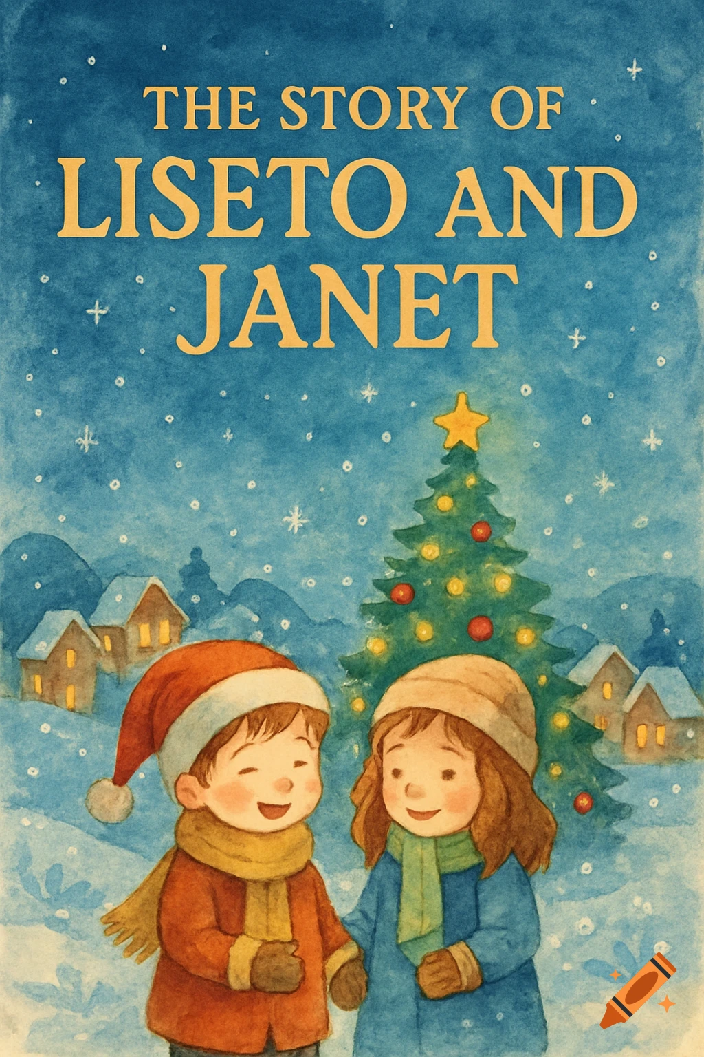 Watercolor illustration of two children in winter clothes in a snowy village with a Christmas tree, titled "The Story of Liseto and Janet".