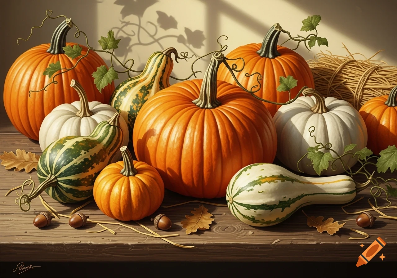 A photorealistic still life featuring various orange and white pumpkins, striped gourds, acorns, and dried leaves on a wooden table.