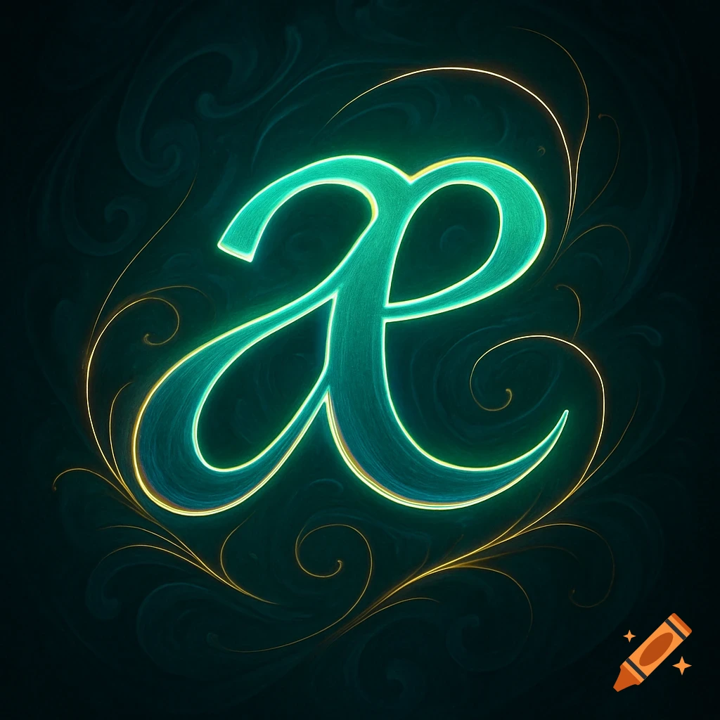 A glowing, stylized teal letter 'æ' with a gold outline, on a dark background with swirling patterns and golden tendrils.