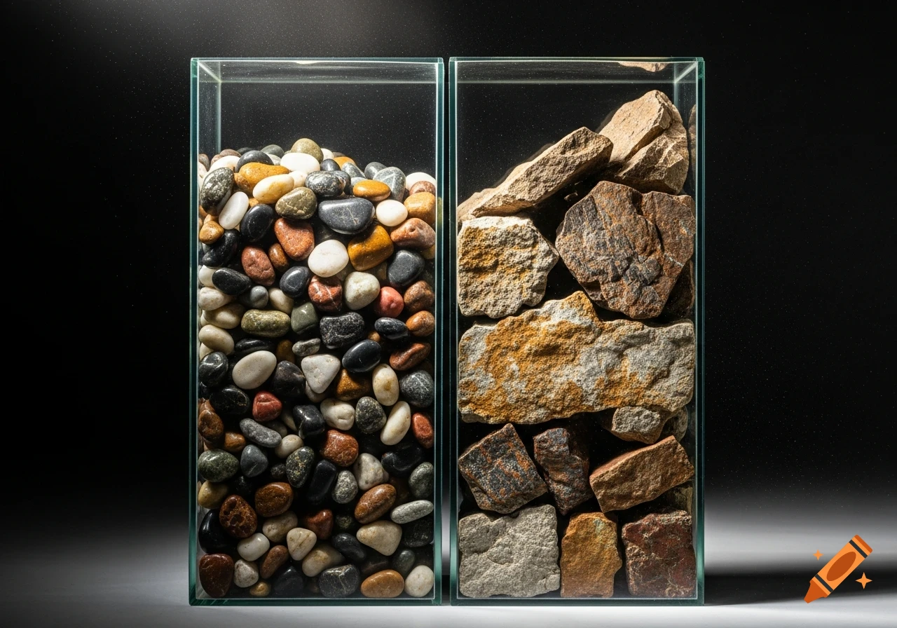 Two clear glass containers, side-by-side, filled with many rocks; one with smooth, colorful river stones and the other with angular, rough natural rocks.