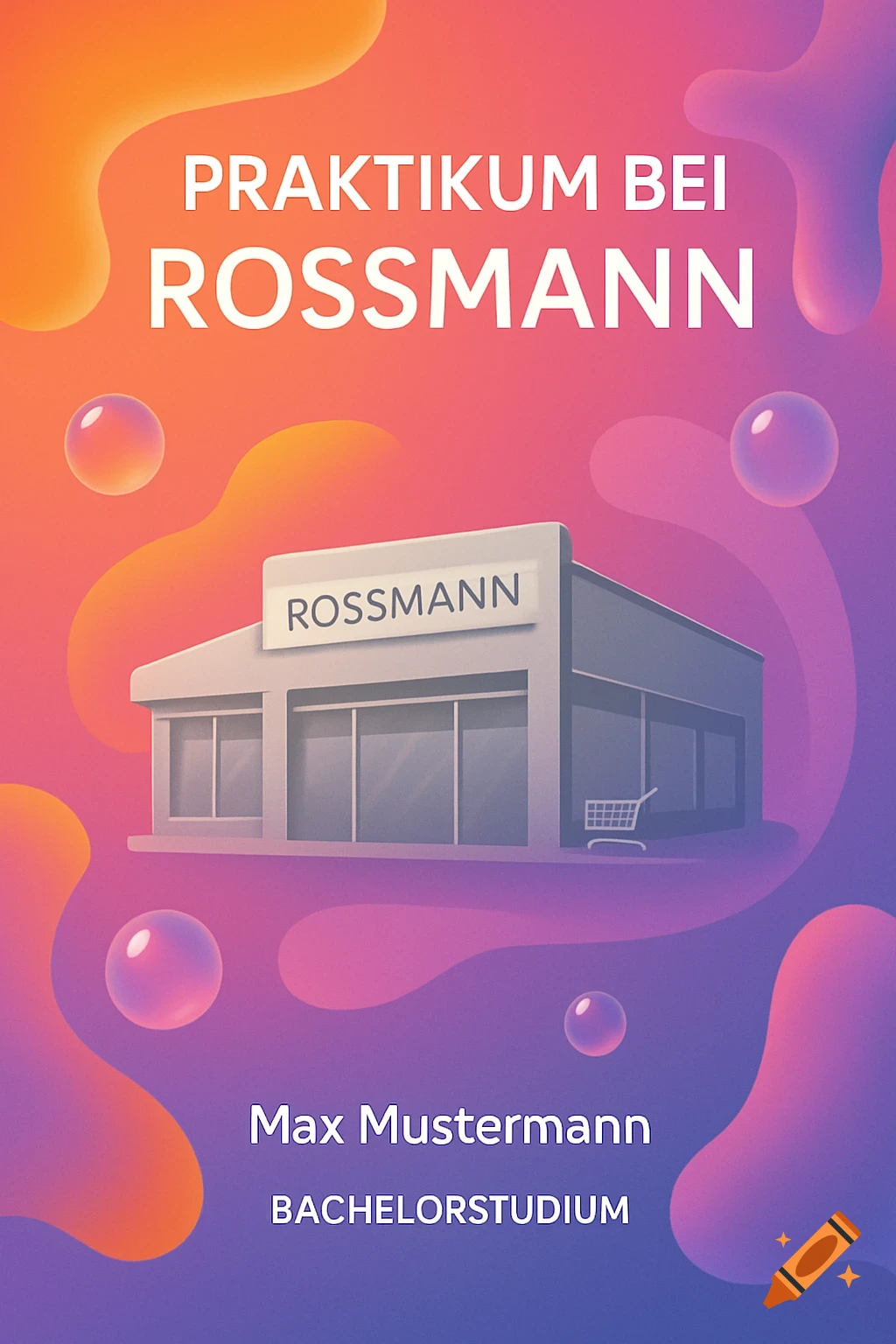 A Frutiger Aero style cover sheet with a gradient background, liquid shapes, and bubbles. It features a stylized Rossmann store and text: "Praktikum bei Rossmann," "Max Mustermann," and "Bachelorstudium."