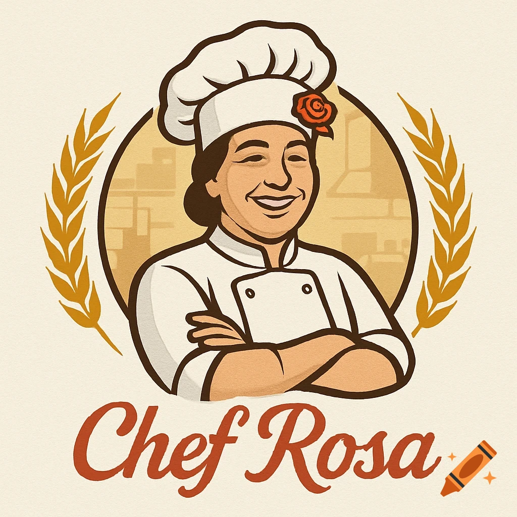 Illustrated logo of a smiling female chef in a white uniform and hat, framed by wheat stalks, with "Chef Rosa" text.