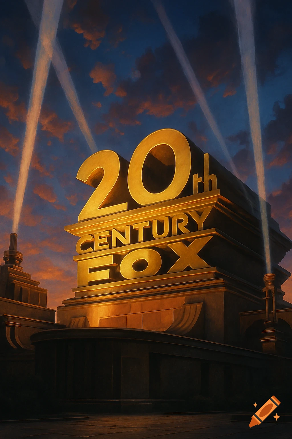 Golden 20th Century Fox logo structure at sunset with searchlights reaching into a cloudy sky.