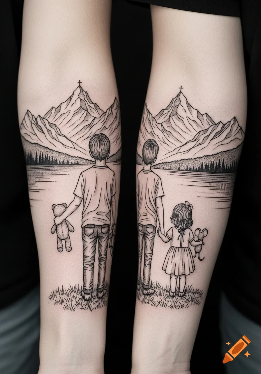 Matching fineline tattoos on two arms, depicting a brother and sister on a lakeshore with mountains, holding hands and plush toys.