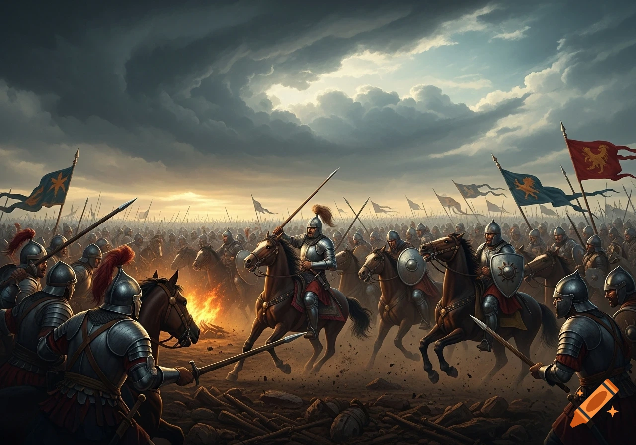 Armored soldiers on horseback charge across a dramatic battlefield under a stormy sky, with fire in the foreground.